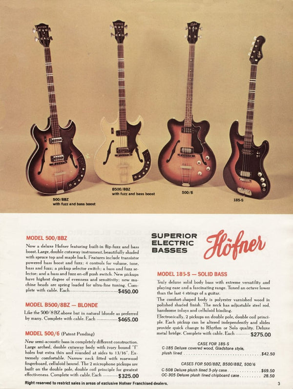 1968 Hofner 500/8BZ Verithin Bass w/Fuzz - Natural Finish