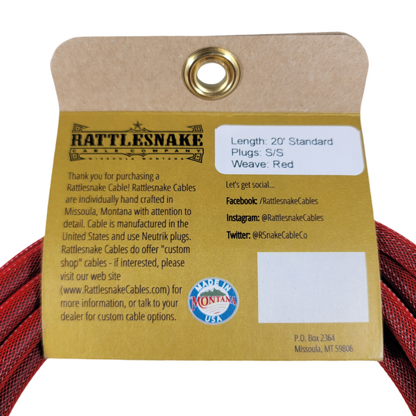 Rattlesnake Cable Co. - 20' Guitar Cable - Red Weave - Straight to Straight