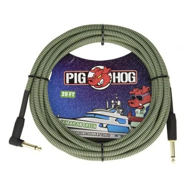 Pig Hog 20' Braided Guitar Cable - Jamaican Green - PCH20JGRR Straight to Right Angle