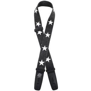 Lock-It - Distressed Cotton Black Strap with White Stars - Built-in Locks - Cumberland Guitars