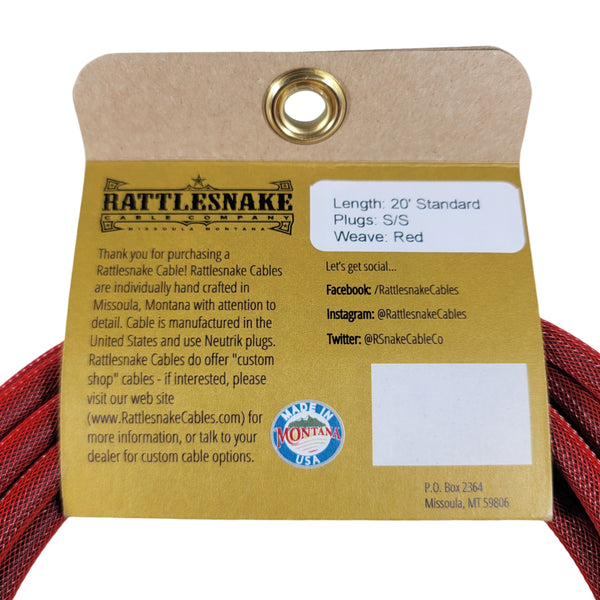 Rattlesnake Cable Co. - 20' Guitar Instrument Cable - Red Weave - Straight to Straight