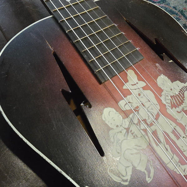 1930s Spiegel Vaquero - Amateur Hour 2 - Stencil Graphic Cowboy Musician Parlour Acoustic Guitar - w/ Bag