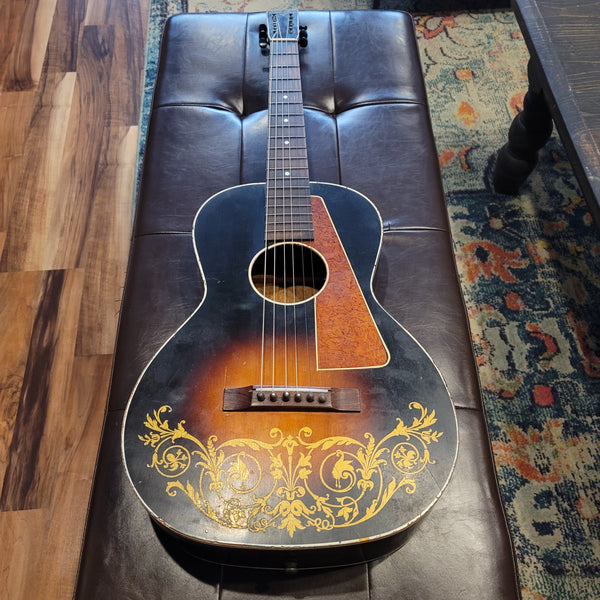 1930s Del Oro - Stenciled Parlor Guitar - Floral - w/ Case