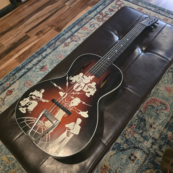 1930s Spiegel Vaquero - Amateur Hour 2 - Stencil Graphic Cowboy Musician Parlour Acoustic Guitar - w/ Bag