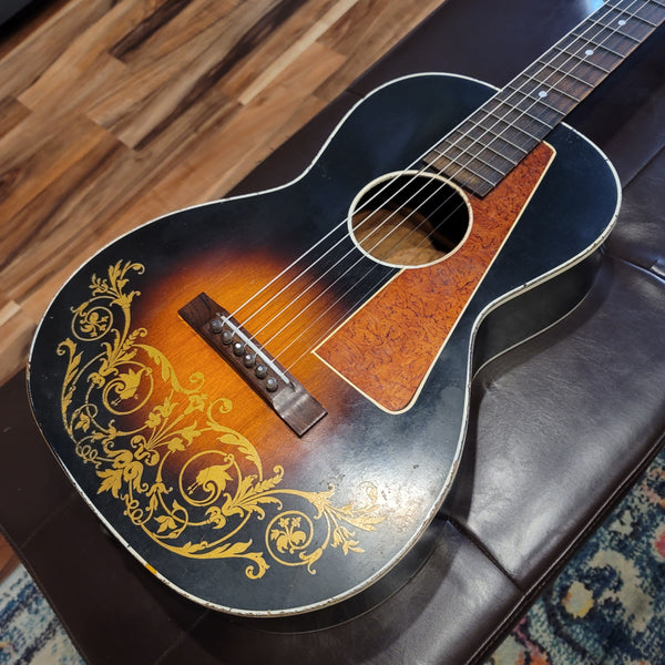 1930s Del Oro - Stenciled Parlor Guitar - Floral - w/ Case