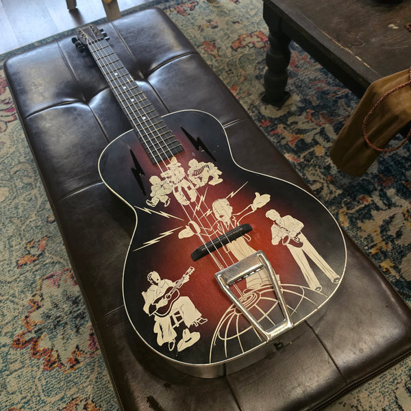 1930s Spiegel Vaquero - Amateur Hour 2 - Stencil Graphic Cowboy Musician Parlour Acoustic Guitar - w/ Bag