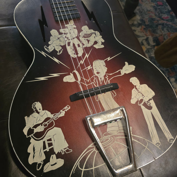 1930s Spiegel Vaquero - Amateur Hour 2 - Stencil Graphic Cowboy Musician Parlour Acoustic Guitar - w/ Bag