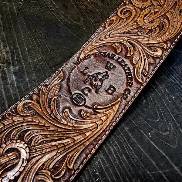 Wolf Briar Leather Company - Hand-Tooled Custom Handmade Guitar Strap - Western Paisley Motif