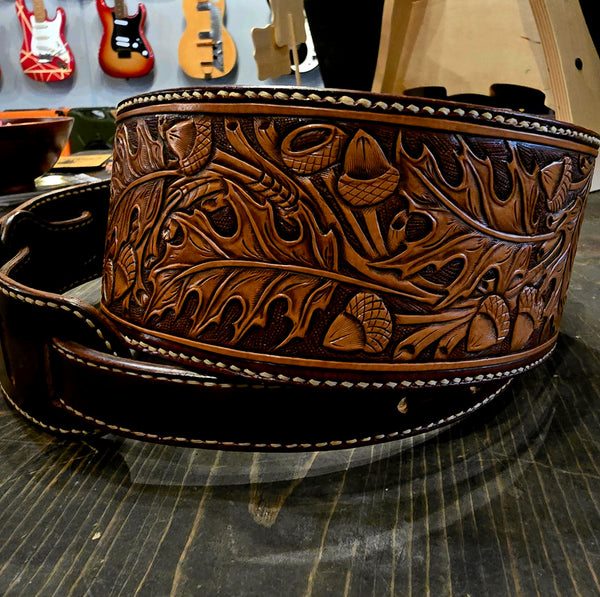 Wolf Briar Leather Company - Hand-Tooled Custom Handmade Guitar Strap - Leaf and Acorn Motif