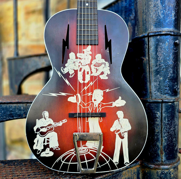 1930s Spiegel Vaquero - Amateur Hour 2 - Stencil Graphic Cowboy Musician Parlour Acoustic Guitar - w/ Bag