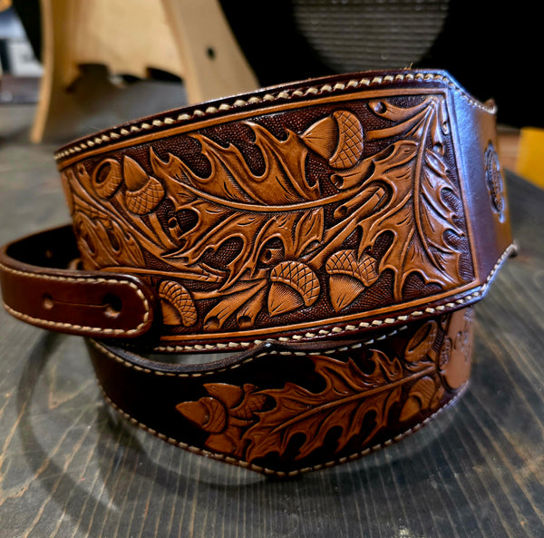 Wolf Briar Leather Company - Hand-Tooled Custom Handmade Guitar Strap - Leaf and Acorn Motif