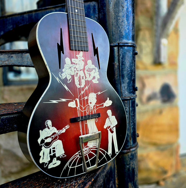 1930s Spiegel Vaquero - Amateur Hour 2 - Stencil Graphic Cowboy Musician Parlour Acoustic Guitar - w/ Bag