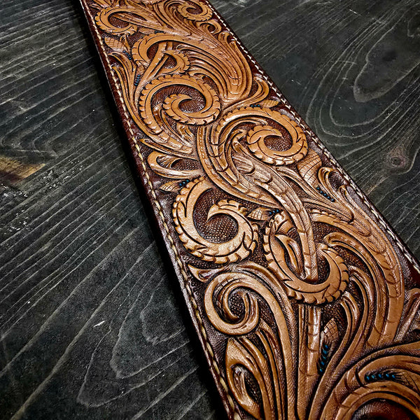Wolf Briar Leather Company - Hand-Tooled Custom Handmade Guitar Strap - Western Paisley Motif