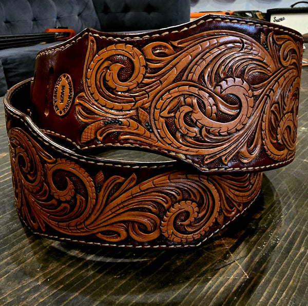 Wolf Briar Leather Company - Hand-Tooled Custom Handmade Guitar Strap - Western Paisley Motif