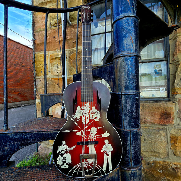 1930s Spiegel Vaquero - Amateur Hour 2 - Stencil Graphic Cowboy Musician Parlour Acoustic Guitar - w/ Bag
