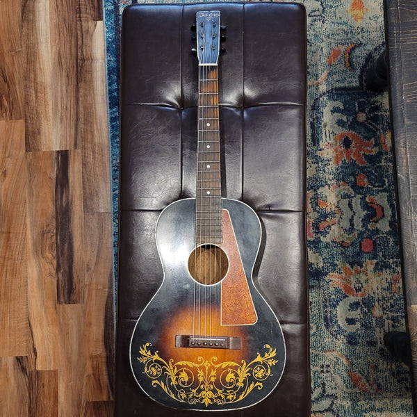 1930s Del Oro - Stenciled Parlor Guitar - Floral - w/ Case