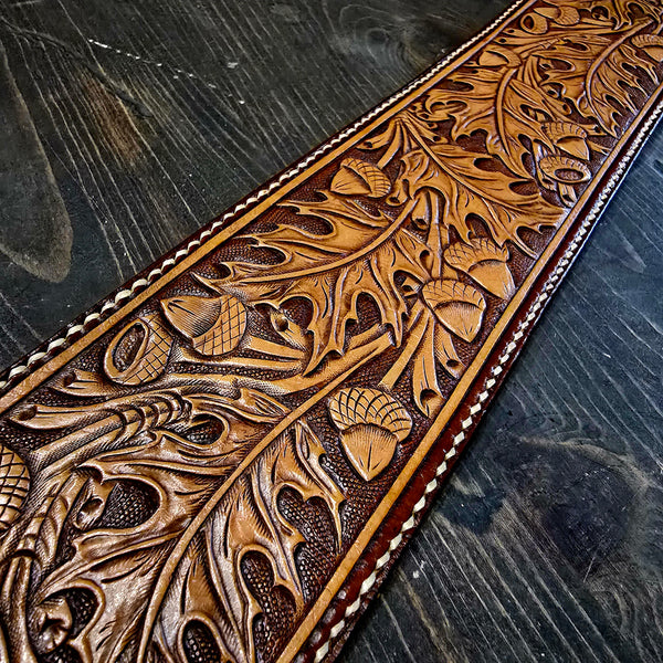 Wolf Briar Leather Company - Hand-Tooled Custom Handmade Guitar Strap - Leaf and Acorn Motif