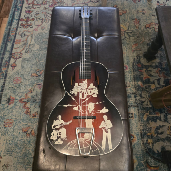 1930s Spiegel Vaquero - Amateur Hour 2 - Stencil Graphic Cowboy Musician Parlour Acoustic Guitar - w/ Bag