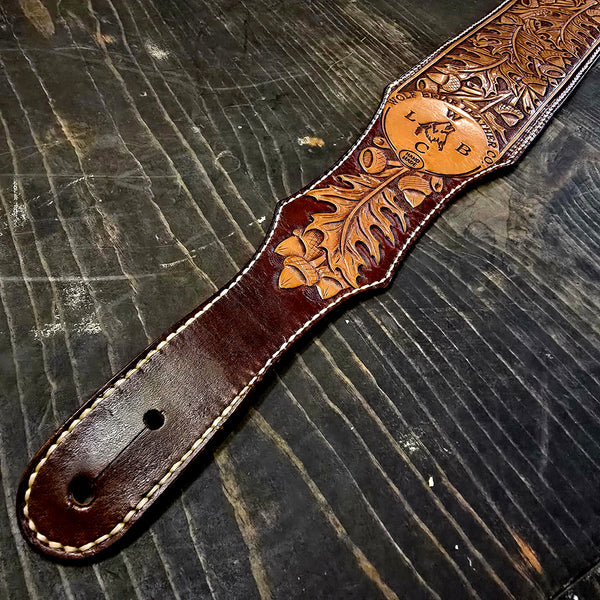 Wolf Briar Leather Company - Hand-Tooled Custom Handmade Guitar Strap - Leaf and Acorn Motif