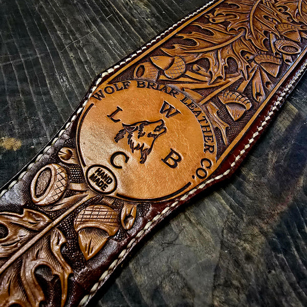 Wolf Briar Leather Company - Hand-Tooled Custom Handmade Guitar Strap - Leaf and Acorn Motif