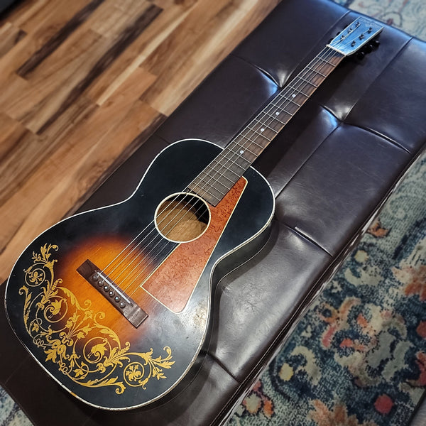 1930s Del Oro - Stenciled Parlor Guitar - Floral - w/ Case