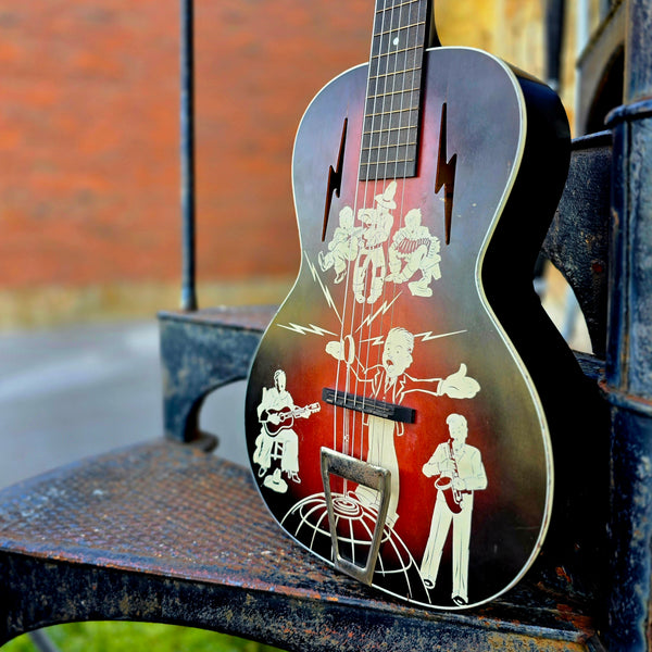 1930s Spiegel Vaquero - Amateur Hour 2 - Stencil Graphic Cowboy Musician Parlour Acoustic Guitar - w/ Bag