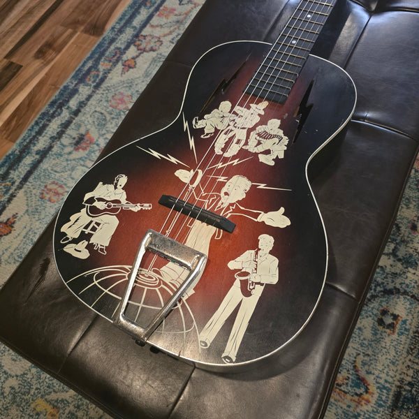 1930s Spiegel Vaquero - Amateur Hour 2 - Stencil Graphic Cowboy Musician Parlour Acoustic Guitar - w/ Bag