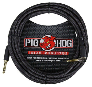 Pig Hog PCH20BKR 1/4" TS Right-Angle to Straight Instrument/Guitar Cable - 20' Black Woven - Cumberland Guitars