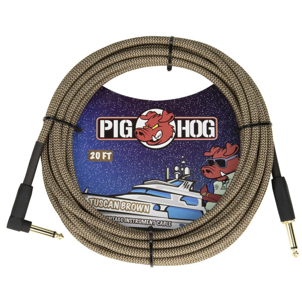 Pig Hog 20' Braided Guitar Cable - Tuscan Brown - Angled End - PCH20TBRR - Cumberland Guitars